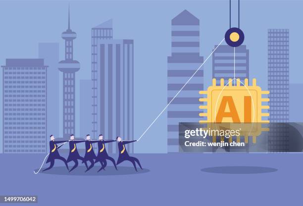 people use pulleys to lift artificial intelligence chips - pulley stock illustrations