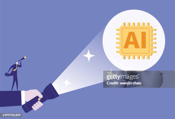 stockillustraties, clipart, cartoons en iconen met giant man with flashlight helps business man view artificial intelligence with binoculars - zaklamp