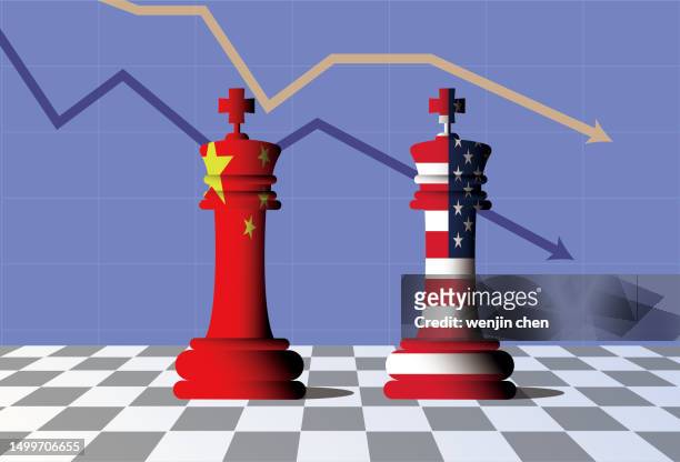 chinese chess pieces compete with american chess pieces, and the sino-us competition caused the stock market to fall. - bishop chess piece stock illustrations