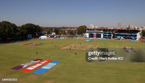 General view of play during the ICC Men's Cricket World Cup Qualifier Zimbabwe 2023 match between Sri Lanka and United Arab Emirates at Queen’s...