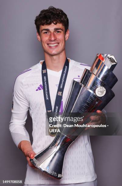 Kepa Arrizabalaga of Spain poses for a photograph with the UEFA Nations League Trophy during the UEFA Nations League 2022/23 at De Kuip on June 18,...