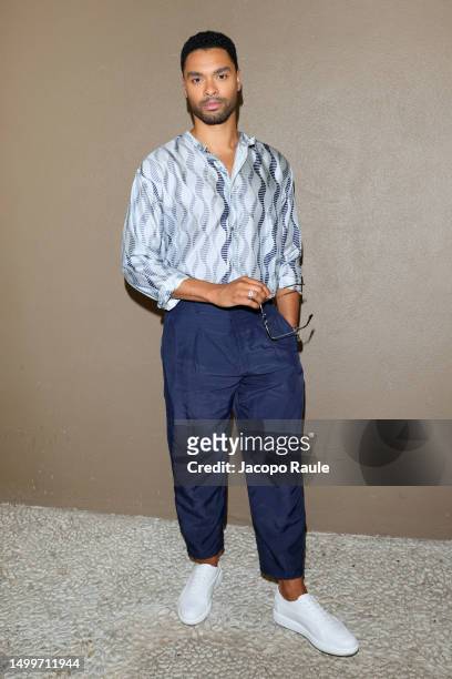 Regé-Jean Page is seen arriving at the Giorgio Armani Spring/Summer 2024 fashion show during the Milan Fashion Week menswear spring/summer 2024 on...