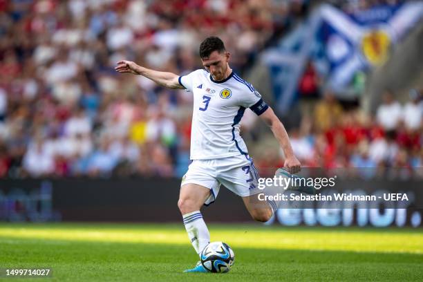 Andrew Robertson of Scotland plays the ball during the UEFA EURO 2024 qualifying round group A match between Norway and Scotland at Ullevaal Stadion...