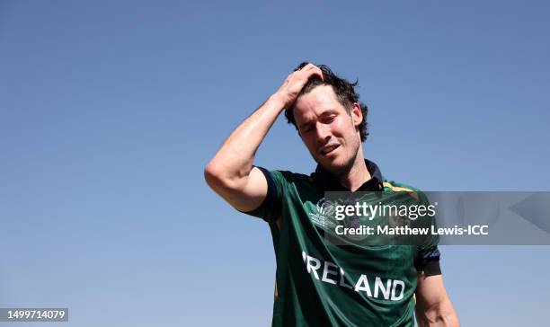 George Dockrell of Ireland reacts after batting during the ICC Men's Cricket World Cup Qualifier Zimbabwe 2023 match between Ireland and Oman at...