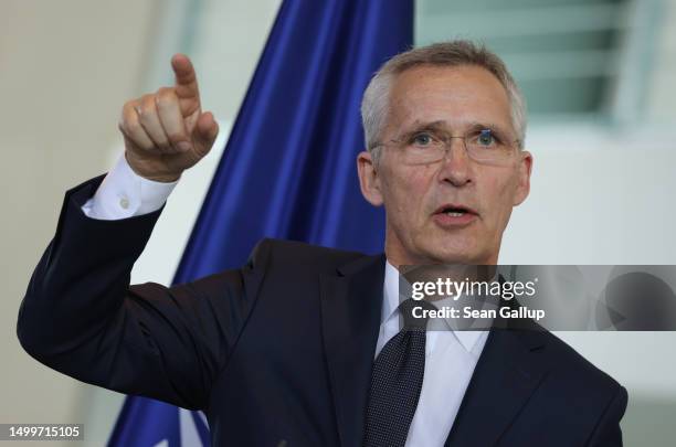 Secretary General Jens Stoltenberg and German Chancellor Olaf Scholz speak to the media following talks at the Chancellery on June 19, 2023 in...