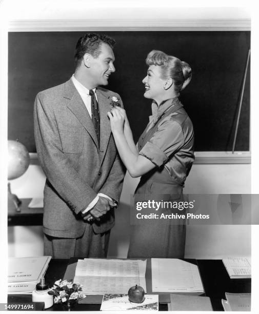 Robert Rockwell and Eve Arden in classroom publicity portrait for the film 'Our Miss Brooks', 1956.