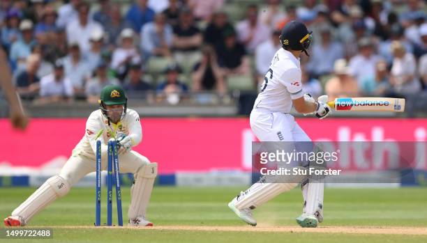 Joe Root of England is stumped by wicketkeeper Alex Carey of Australia during Day Four of the LV= Insurance Ashes 1st Test match between England and...