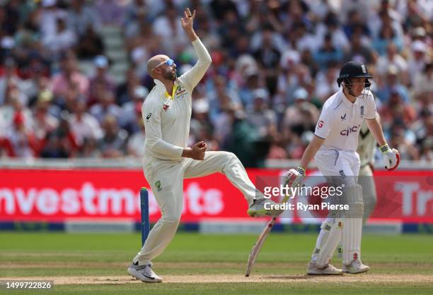 Nathan Lyon of Australia bowls during Day Four of the LV= Insurance Ashes 1st Test match between England and Australia at Edgbaston on June 19, 2023...