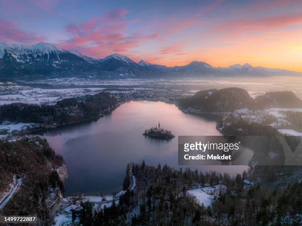 the morning landscape of lake bled, slovenia in winter - lake bled stockfoto's en -beelden