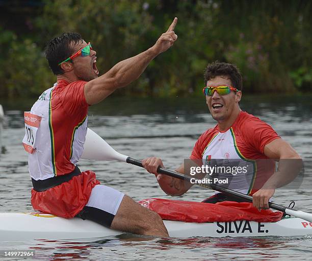 Fernando Pimenta and Emanuel Silva of Portugal celebrate winning Silver during the Men's Kayak Double 1000m Canoe Sprint Finals on Day 12 of the...