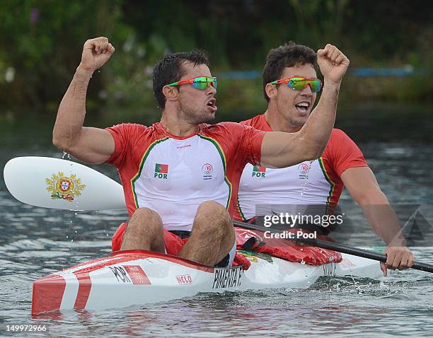 Emanuel Silva and Fernando Pimenta of Portugal celebrate winning Silver during the Men's Kayak Double 1000m Canoe Sprint Finals on Day 12 of the...