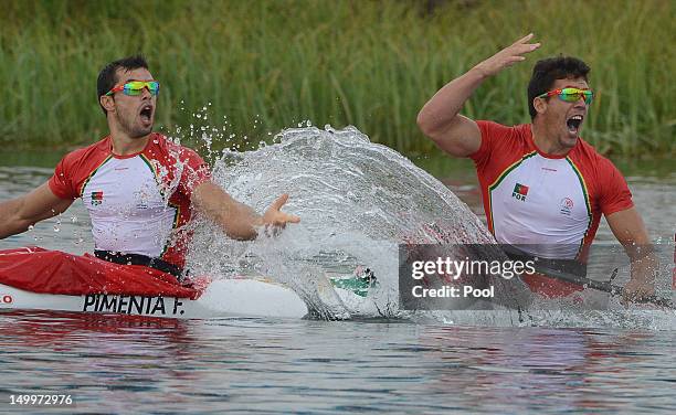 Fernando Pimenta and Emanuel Silva of Portugal celebrate winning Silver during the Men's Kayak Double 1000m Canoe Sprint Finals on Day 12 of the...