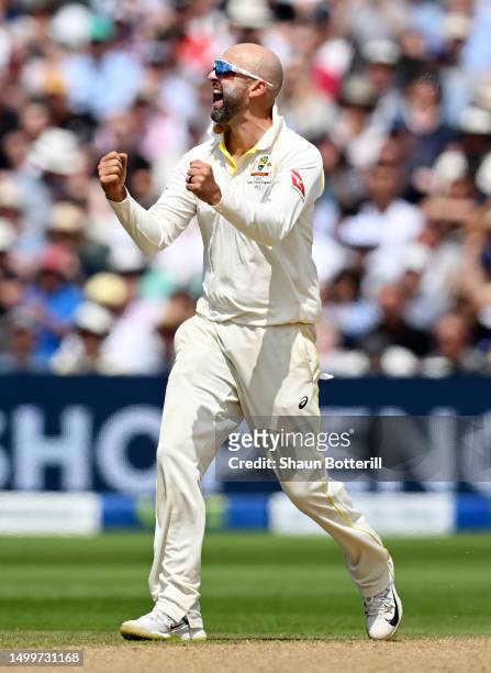 Nathan Lyon of Australia celebrates the wicket of Harry Brook of England during Day Four of the LV= Insurance Ashes 1st Test match between England...