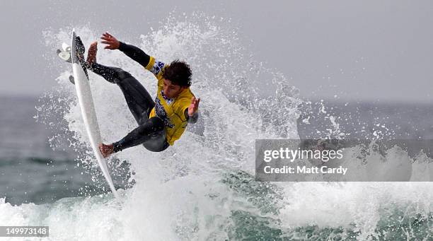 Brazillian Peterson Crisanto competes in a heat during the Relentless Boardmasters pro-surfing competition on Fistral Beach on August 8, 2012 in...