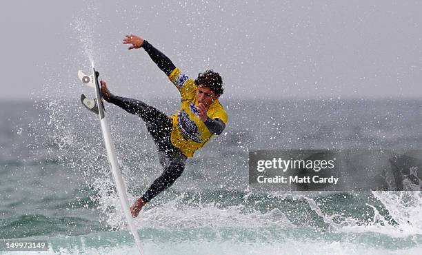 Brazillian Peterson Crisanto competes in a heat during the Relentless Boardmasters pro-surfing competition on Fistral Beach on August 8, 2012 in...