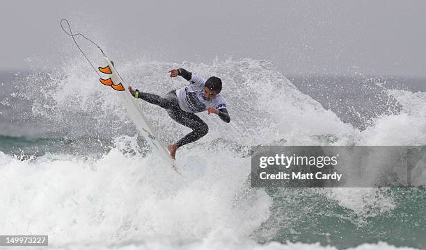 Brazillian Ruda Carvallo competes in a heat during the Relentless Boardmasters pro-surfing competition on Fistral Beach on August 8, 2012 in Newquay,...