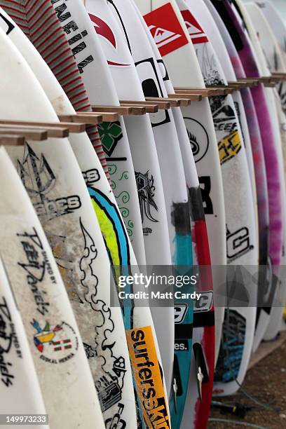 Boards belonging to surfers competing in the Relentless Boardmasters pro-surfing competition are seen on Fistral Beach on August 8, 2012 in Newquay,...