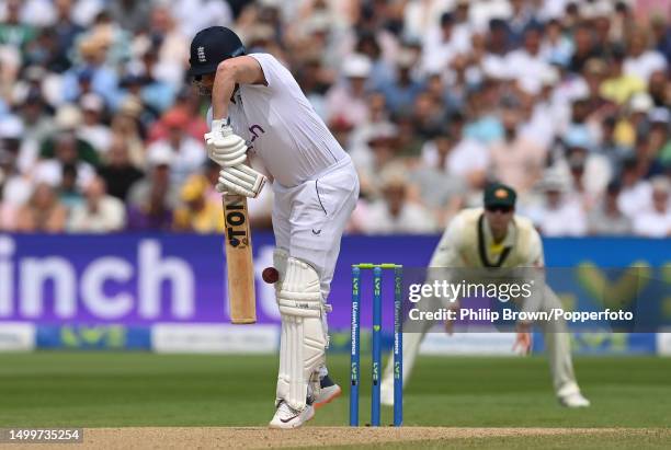 Jonny Bairstow of England is hit on the pad and initially was given out lbw but that decision was overturned after a review during Day 4 of the LV=...