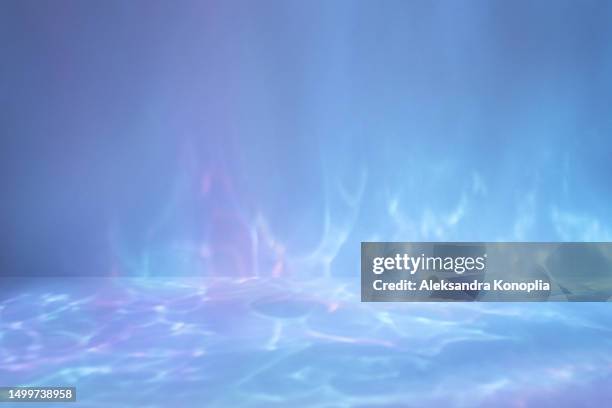 dreamy surreal pastel blue colored display background with water waves caustic refraction light effect. empty 3d stage template. abstract natural fantasy light and shadows overlay. - scène sous l'eau photos et images de collection