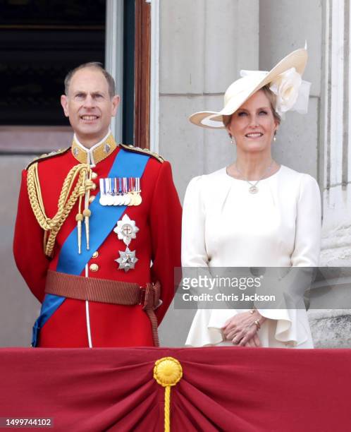 Sophie, Duchess of Edinburgh and Edward, Duke of Edinburgh watch the fly-past on the Buckingham Palace balcony during Trooping the Colour on June 17,...
