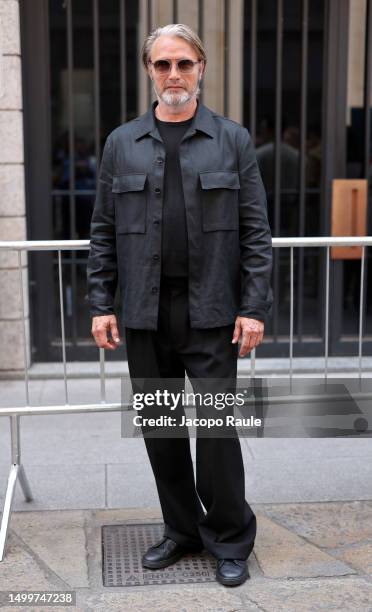 Mads Mikkelsen is seen arriving at the Zegna Spring/Summer 2024 fashion show during the Milan Fashion Week menswear spring/summer 2024 on June 19,...