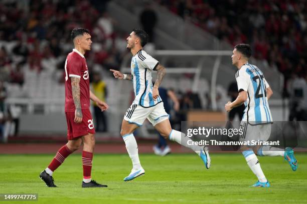 Leandro Paredes of Argentina celebrates after scoring the team's first goal during the international friendly between Indonesia and Argentina at...