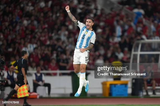 Leandro Paredes of Argentina celebrates after scoring the team's first goal during the international friendly between Indonesia and Argentina at...