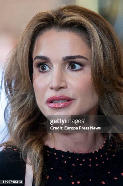 Her Majesty Queen Rania of Jordan during a visit to the Patrimonio Nacional workshop schools and employment workshops, at the Royal Palace, on 19...