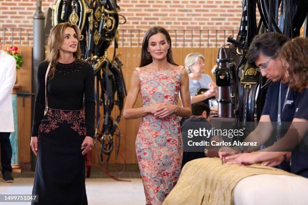Queen Letizia of Spain and Queen Rania of Jordan visit the National Heritage Institution school and employment workshops at the Royal Palace on June...