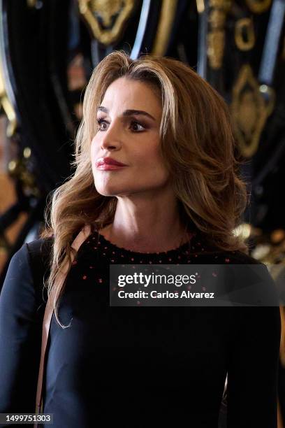 Queen Rania of Jordan visits the National Heritage Institution school and employment workshops at the Royal Palace on June 19, 2023 in Madrid, Spain.