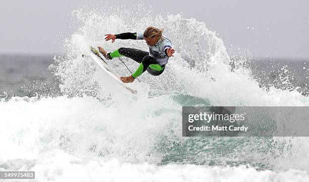 Jayce Robinson of Great Britain competes in a heat during the Relentless Boardmasters pro-surfing competition on Fistral Beach on August 8, 2012 in...