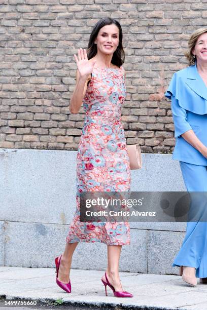 Queen Letizia of Spain and Queen Rania of Jordan are seen arriving to visit the National Heritage Institution school and employment workshops at the...