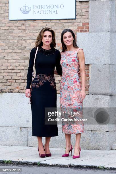 Queen Letizia of Spain and Queen Rania of Jordan are seen arriving to visit the National Heritage Institution school and employment workshops at the...