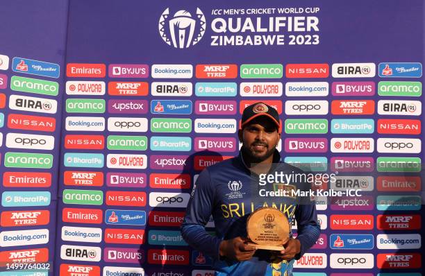 Wanindu Hasaranga of Sri Lanka poses after being named Player of the Match following the ICC Men's Cricket World Cup Qualifier Zimbabwe 2023 match...