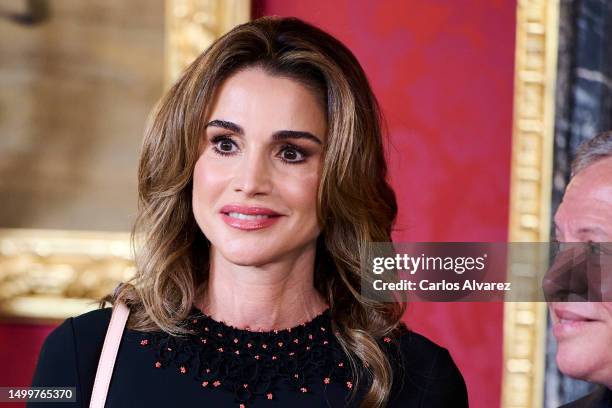 Queen Rania of Jordan and King Abdullah II of Jordan pose for the photographers before a lunch at the Royal Palace on June 19, 2023 in Madrid, Spain.