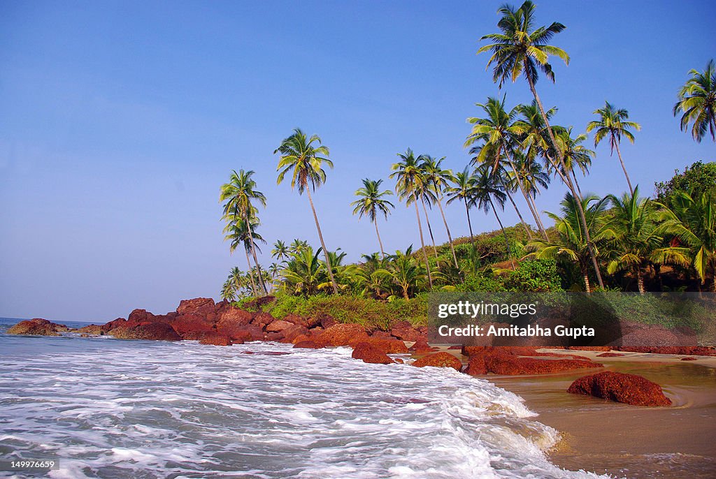 Sea beach with waves, red rocks and palm trees