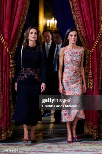 Queen Letizia of Spain receives Queen Rania of Jordan for a lunch at the Royal Palace on June 19, 2023 in Madrid, Spain.