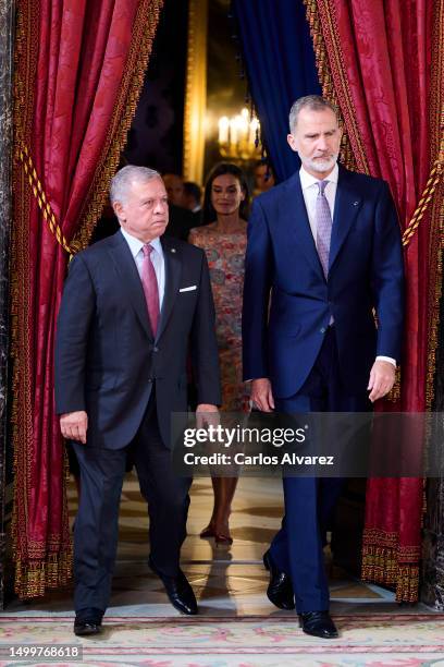 King Felipe VI of Spain receives King Abdullah II of Jordan for a lunch at the Royal Palace on June 19, 2023 in Madrid, Spain.