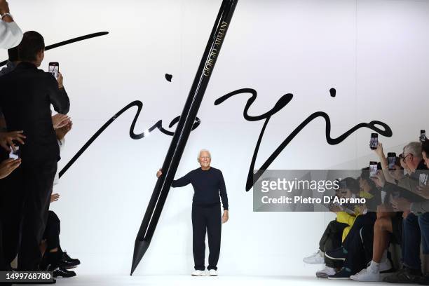 Designer Giorgio Armani walks the runway at the Giorgio Armani Spring/Summer 2024 fashion show during the Milan Fashion Week menswear spring/summer...