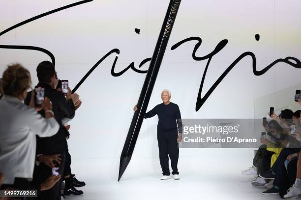 Designer Giorgio Armani walks the runway at the Giorgio Armani Spring/Summer 2024 fashion show during the Milan Fashion Week menswear spring/summer...