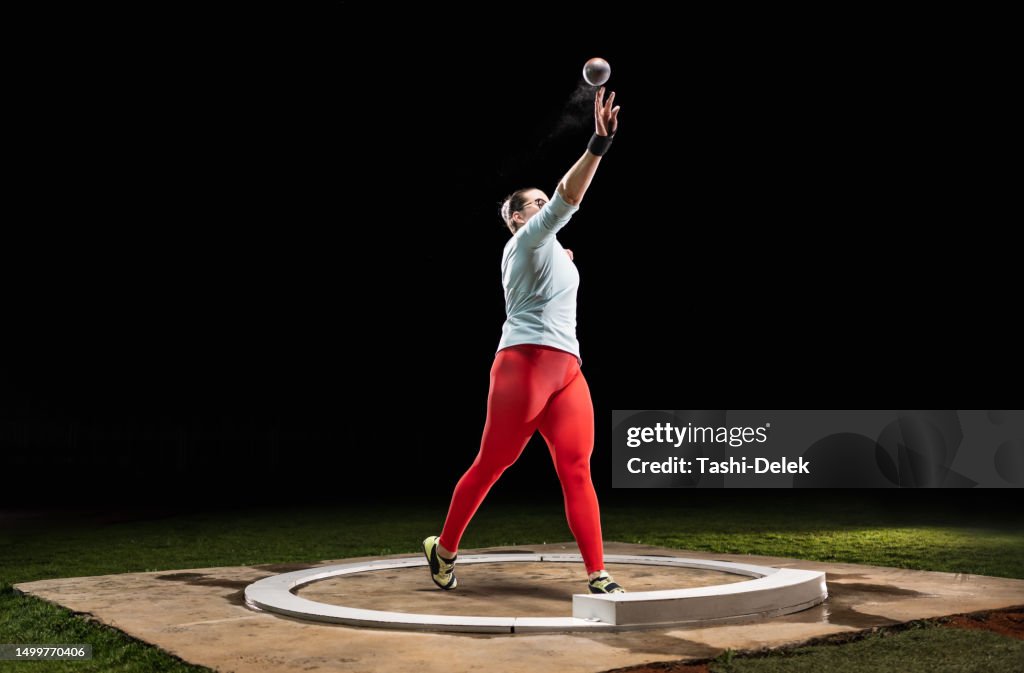Throwing Shot Program Female Athlete Throwing Shot Put Ball High-Res Stock Photo - Getty Images