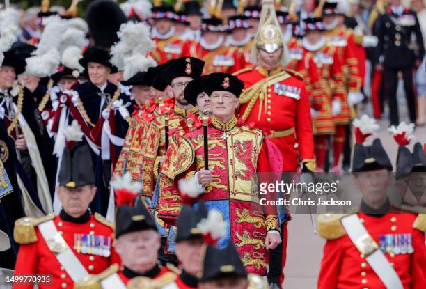 Herald, Alastair Bruce of Crionaich arrives at the Order Of The Garter Service at Windsor Castle on June 19, 2023 in Windsor, England. The Order of...