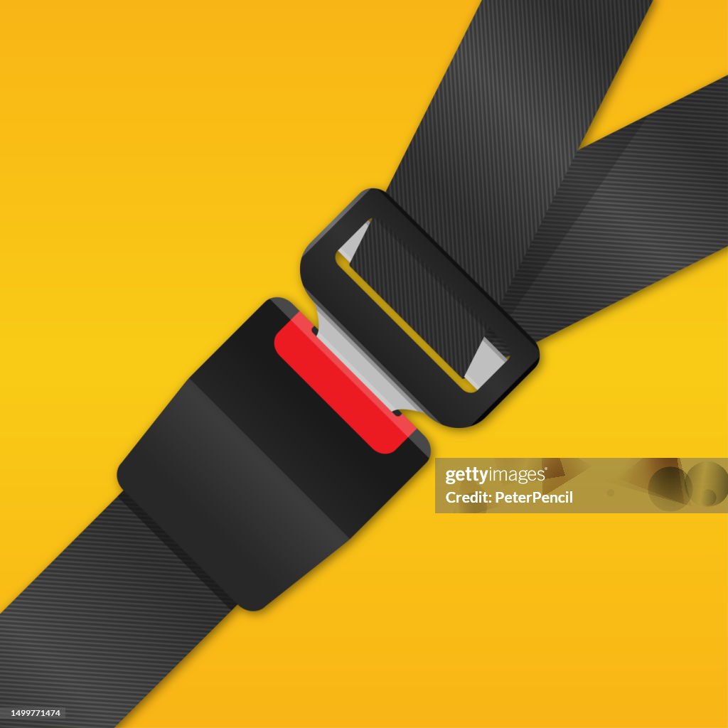 Safety Passenger Seat Belt. Blocked with Fastener and Black Strap on Yellow Background. Vector illustration