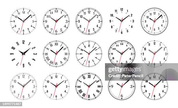 stockillustraties, clipart, cartoons en iconen met clock faces. clock dial. empty mechanical watch face with arrows - minute and hour marks. arabic and roman numbers. vector set on white background - scar