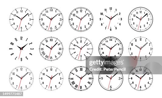 Clock Faces. Clock Dial. Empty Mechanical Watch Face With Arrows - Minute and Hour Marks. Arabic and Roman Numbers. Vector Set on White Background Clock Faces. Clock Dial. Empty Mechanical Watch Face With Arrows - Minute and Hour Marks. Arabic and Roman Numbers. Vector Set on White Background