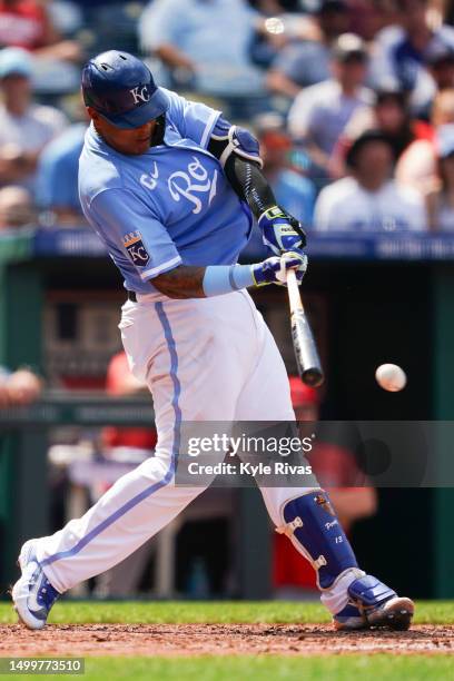 Salvador Perez of the Kansas City Royals connects with a Los Angeles Angels pitch at Kauffman Stadium on June 17, 2023 in Kansas City, Missouri.