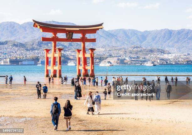 tourists visiting the itsukushima shrine torii gate - torii gate stock pictures, royalty-free photos & images