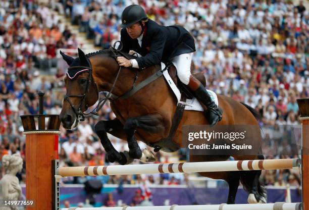 Scott Brash of Great Britain riding Hello Sanctos competes in the Individual Jumping Equestrian on Day 12 of the London 2012 Olympic Games at...