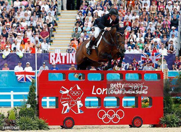 Scott Brash of Great Britain riding Hello Sanctos competes in the Individual Jumping Equestrian on Day 12 of the London 2012 Olympic Games at...