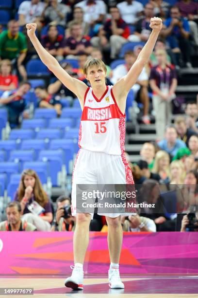Andrey Kirilenko of Russia reacts while taking on Lithuania late in the fourth quarter during the Men's Basketball quaterfinal game on Day 12 of the...